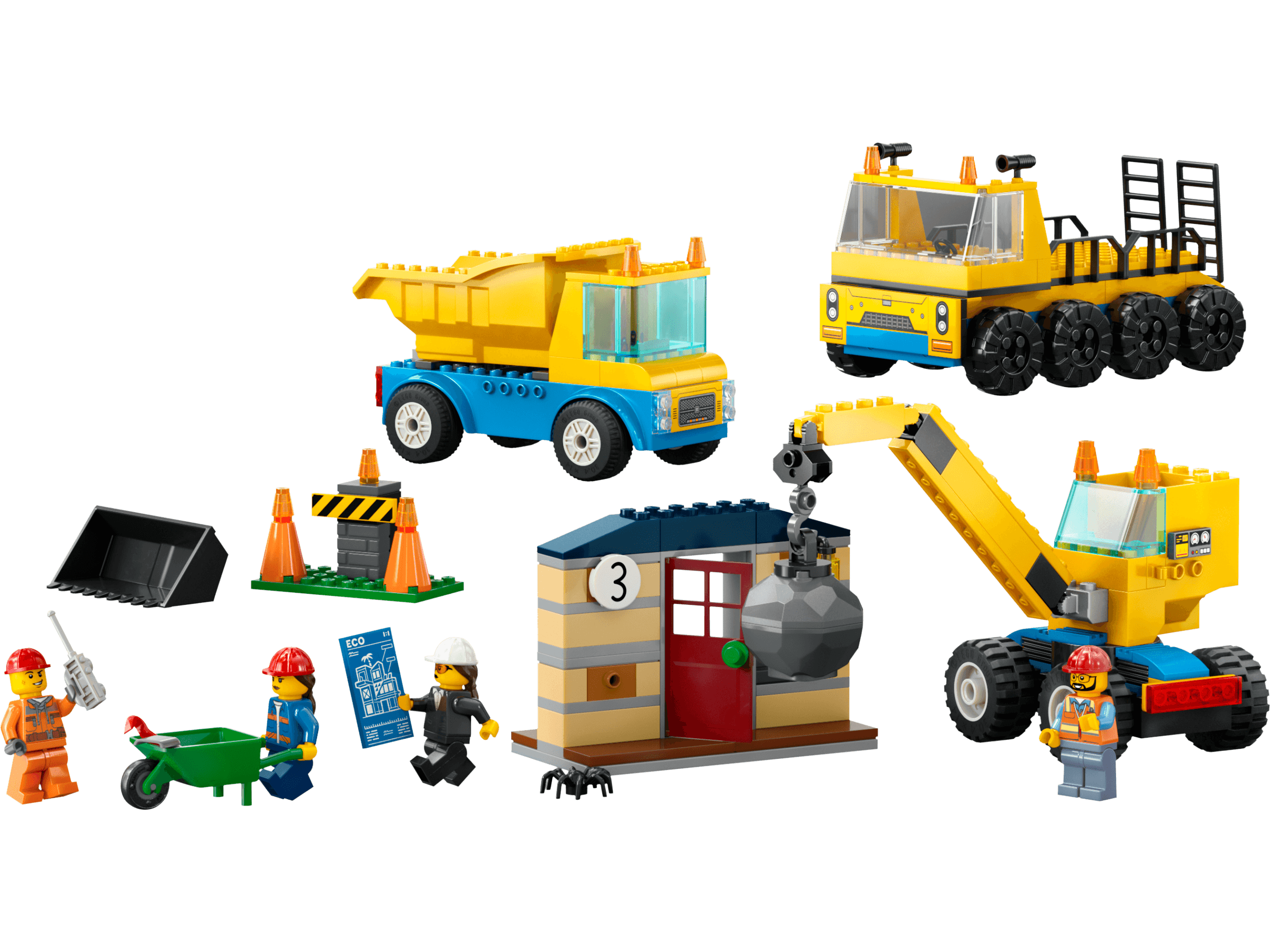 Construction Trucks and Wrecking Ball Crane